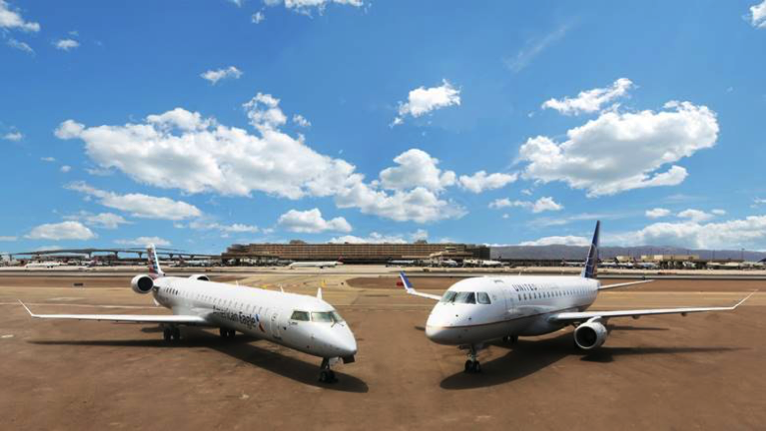  (Left) Aircraft 952, the first of seven factory-new Bombardier CRJ900 Next Gen Aircraft delivered in 2015 operating under the American Eagle banner and (Right) 330, one of 38 Embraer E175 aircraft operating in Mesa’s United Express fleet in 2016.  Photo provided by Mesa.