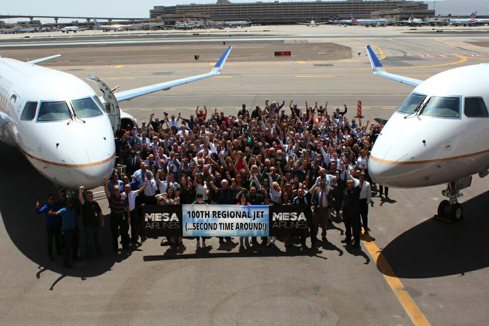 In April 2015, Mesa employees celebrated the delivery of the company’s 100th Regional Jet...the Second Time Around. It was an important milestone in Mesa’s return to the top of the regional industry.  Photo provided by Mesa.
