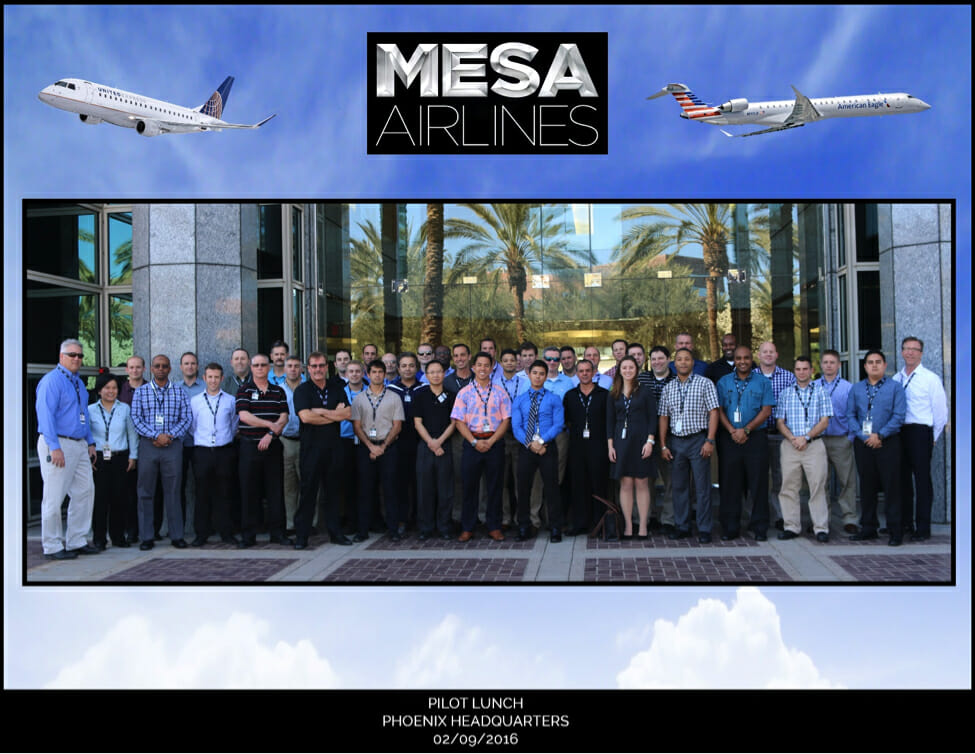 A recent new hire pilot lunch, tour and Q & A with Mesa’s CEO Johnathan Ornstein.  Photo provided by Mesa.