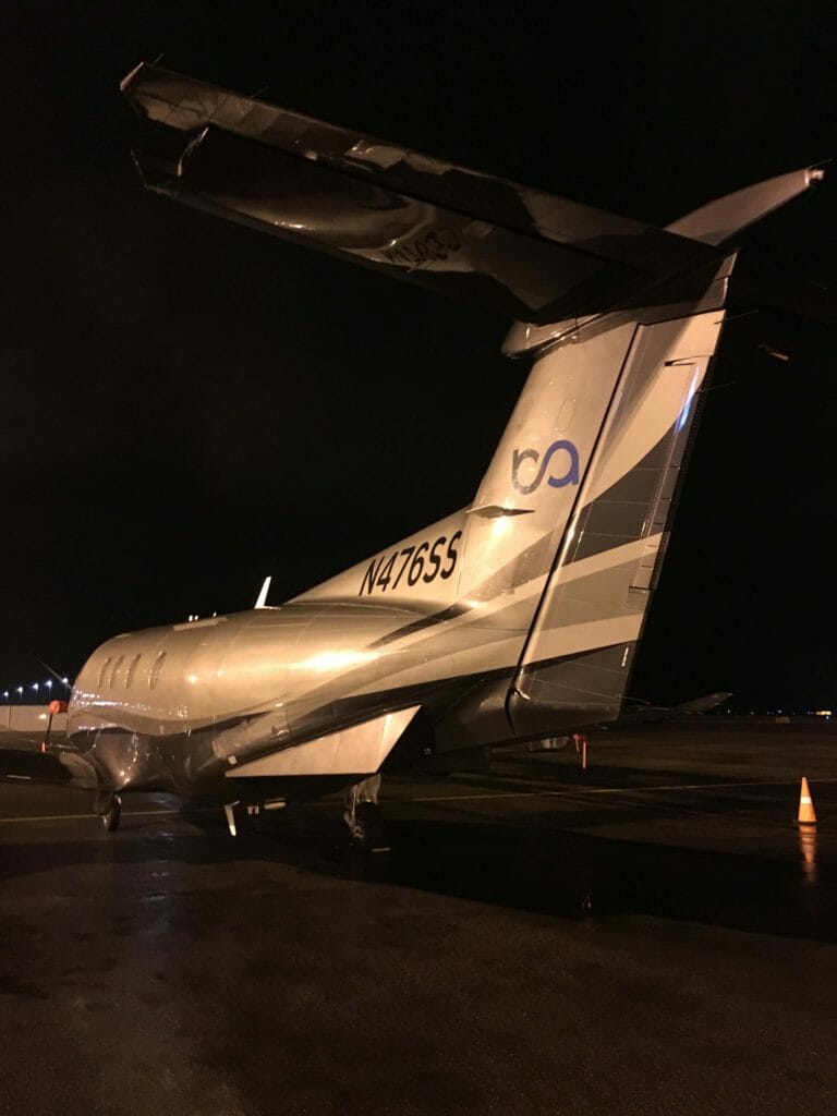 Pilatus PC-12 just after night fall at KDEN. Photo provided by Boutique Air.